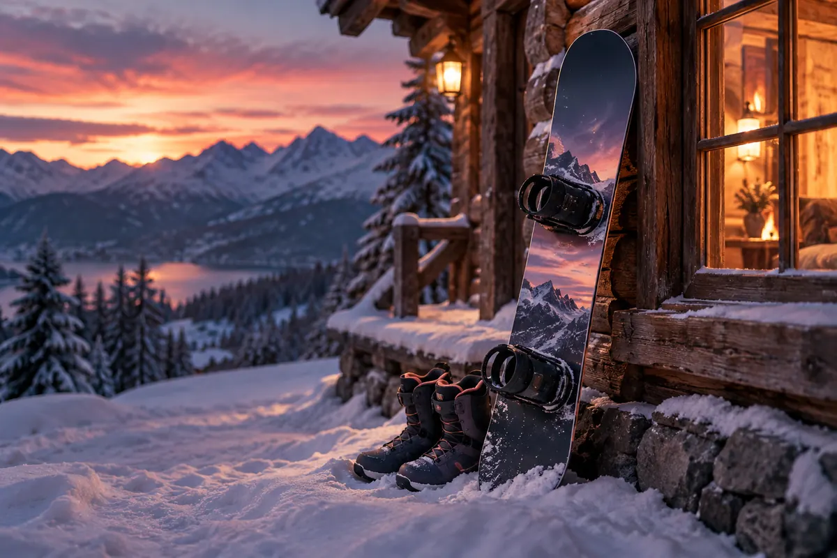 Photo d’ambiance : snowboards pour débutants, femmes, enfants et freestyle, fixations, boots et masques